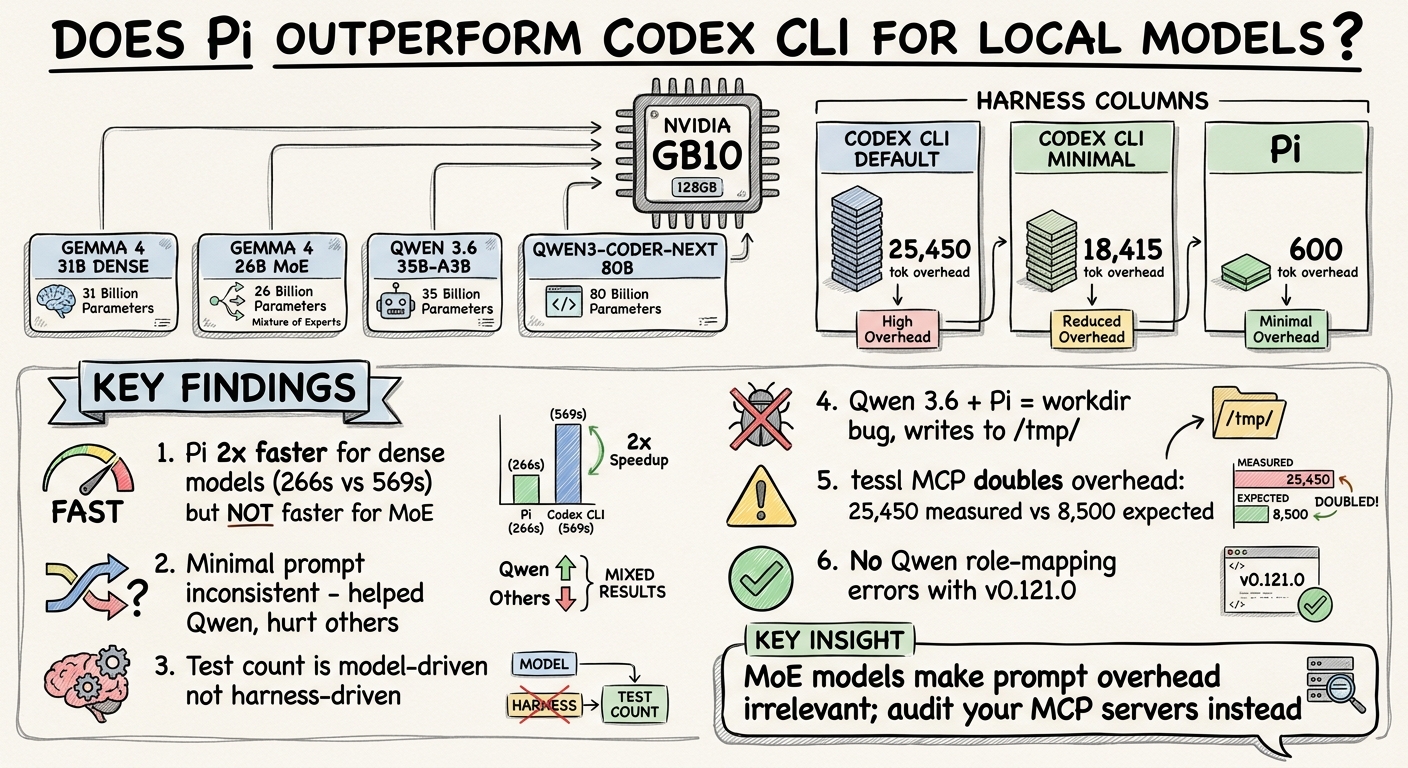 Sketchnote diagram for: Does Pi Outperform Codex CLI for Local Models? A Harness Comparison on the NVIDIA GB10