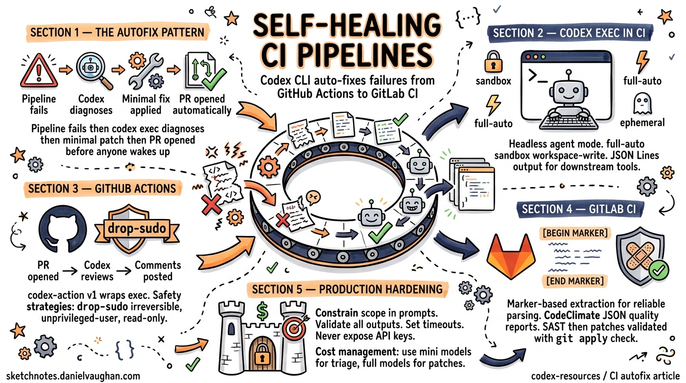 Sketchnote diagram for: Automated CI Failure Recovery with Codex CLI: Self-Healing Pipelines from GitHub Actions to GitLab CI