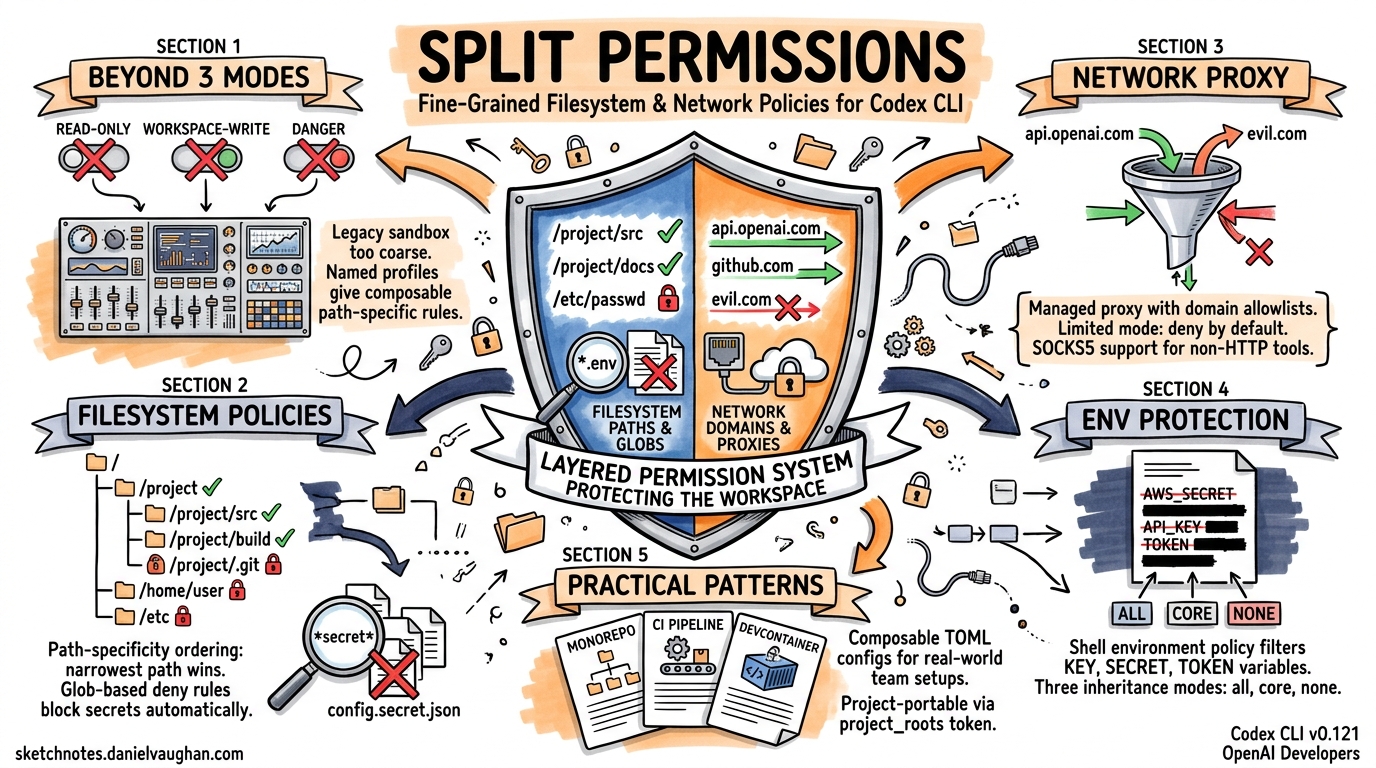 Sketchnote diagram for: Codex CLI Split Permissions: Fine-Grained Filesystem and Network Policies