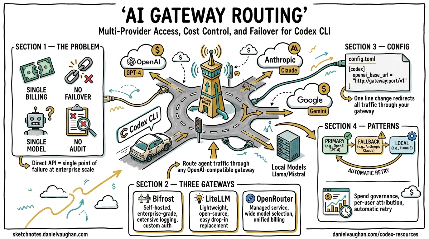 Sketchnote diagram for: Routing Codex CLI Through AI Gateways: Multi-Provider Access, Cost Control, and Failover