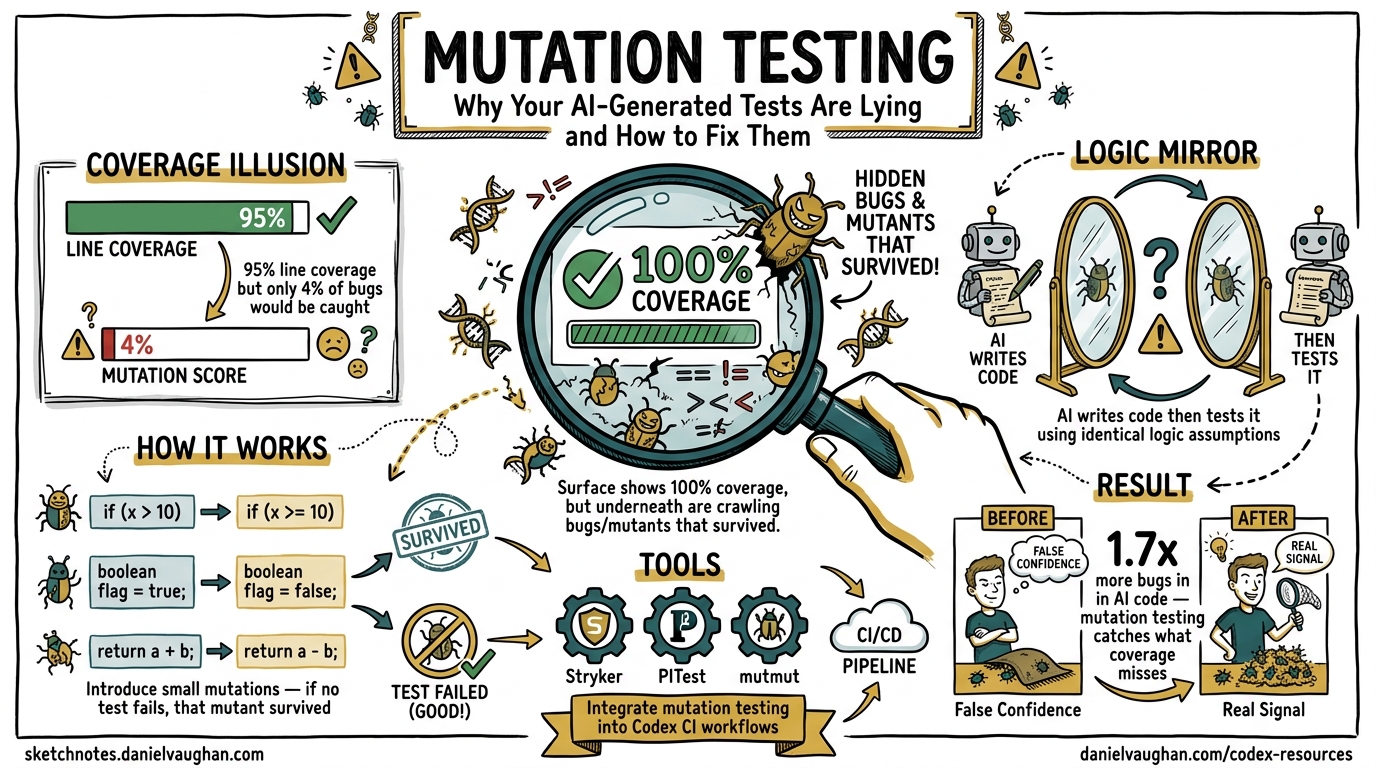Sketchnote diagram for: Mutation Testing with Codex CLI: Why Your AI-Generated Tests Are Lying and How to Fix Them