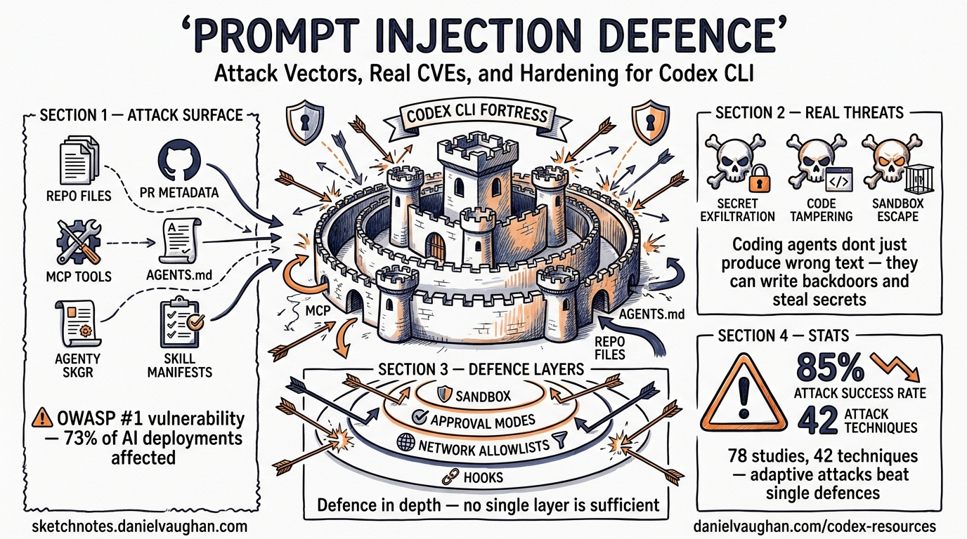 Sketchnote diagram for: Prompt Injection Defence for Codex CLI: Attack Vectors, Real CVEs, and Practical Hardening