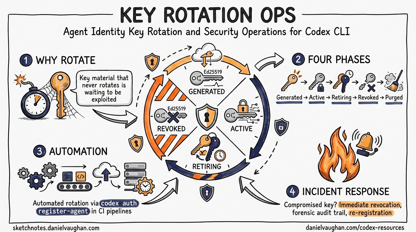 Sketchnote diagram for: Agent Identity Key Rotation and Security Operations for Codex CLI