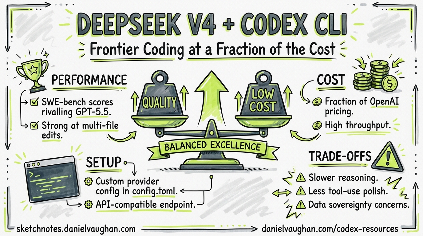 Sketchnote diagram for: DeepSeek V4 as a Codex CLI Provider: Frontier-Class Coding at a Fraction of the Cost
