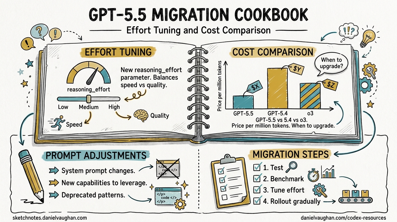 Sketchnote diagram for: GPT-5.5 Migration Cookbook: Effort Tuning, Cost Comparison, Prompt Adjustments