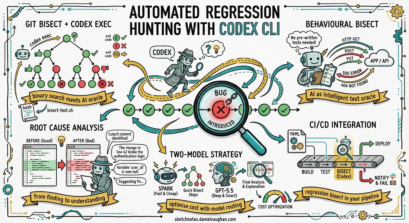 Sketchnote diagram for: Automated Regression Hunting with Codex CLI: AI-Powered Git Bisect and Root Cause Analysis