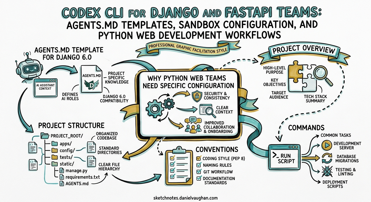 Sketchnote diagram for: Codex CLI for Django and FastAPI Teams: AGENTS.md Templates, Sandbox Configuration, and Python Web Development Workflows