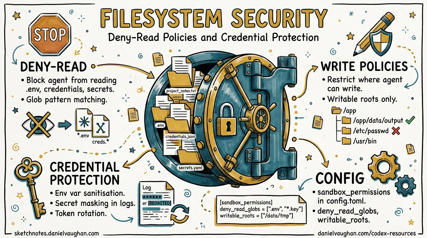 Sketchnote diagram for: Codex CLI Filesystem Security: Deny-Read Policies, Glob Patterns, and Credential Protection