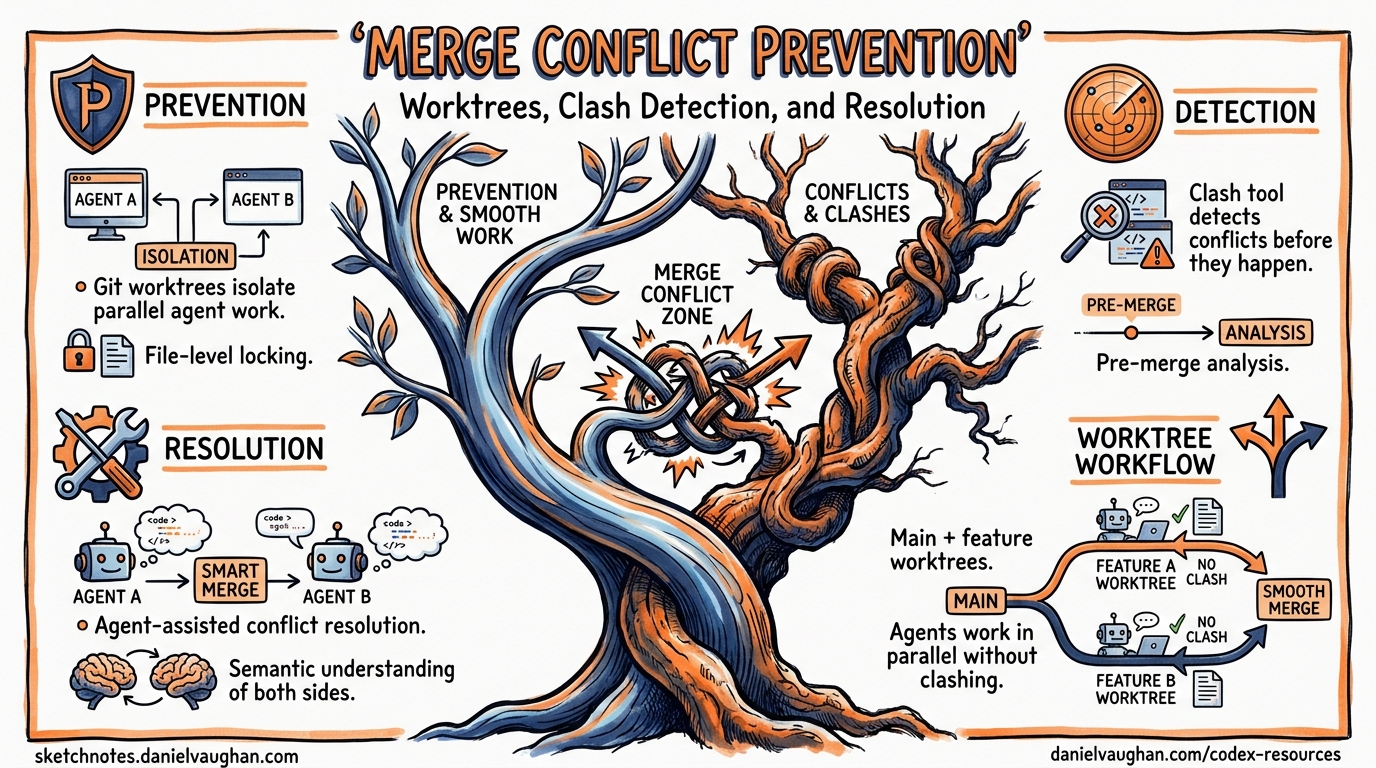 Sketchnote diagram for: Merge Conflict Prevention and Resolution with Codex CLI: Worktrees, Clash, and Integration Strategies