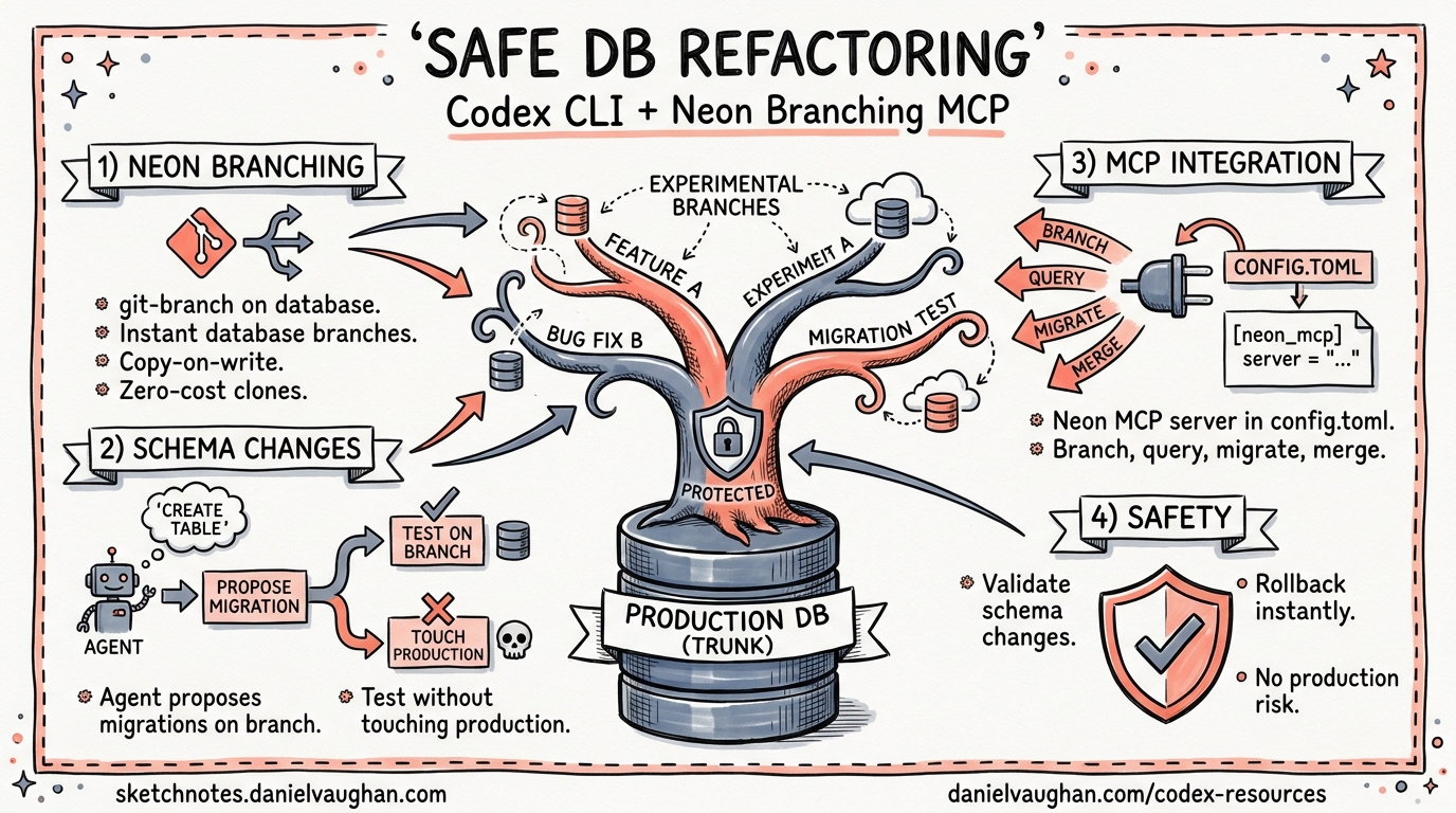Sketchnote diagram for: Safe Database Schema Refactoring with Codex CLI and Neon Branching