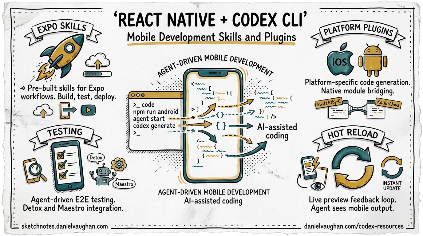 Sketchnote diagram for: Codex CLI for React Native and Expo: First-Party Skills, Plugins, and Mobile Development Workflows
