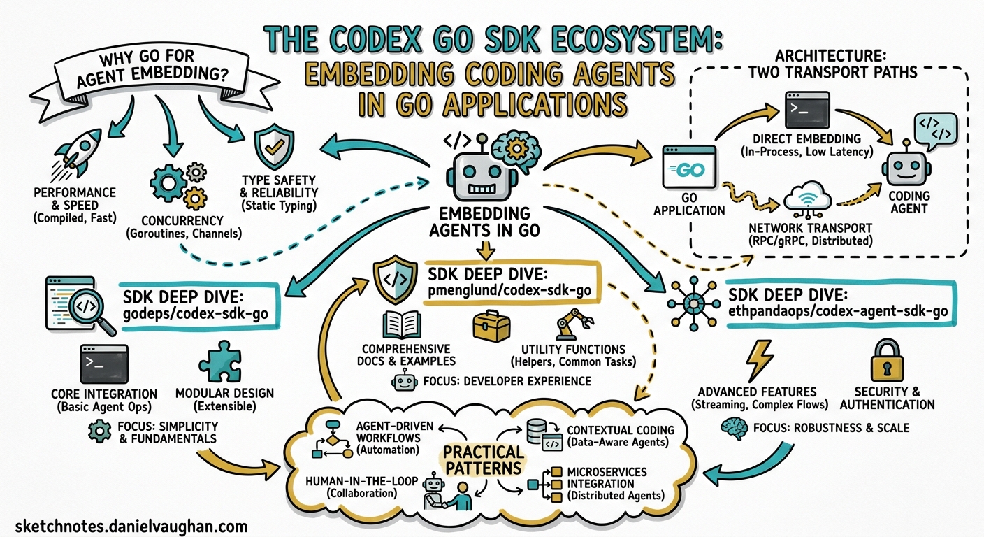 Sketchnote diagram for: The Codex Go SDK Ecosystem: Embedding Coding Agents in Go Applications
