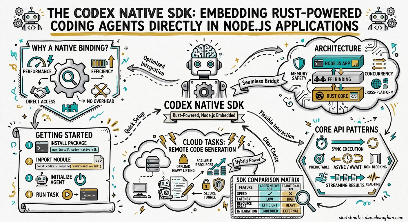 Sketchnote diagram for: The Codex Native SDK: Embedding Rust-Powered Coding Agents Directly in Node.js Applications
