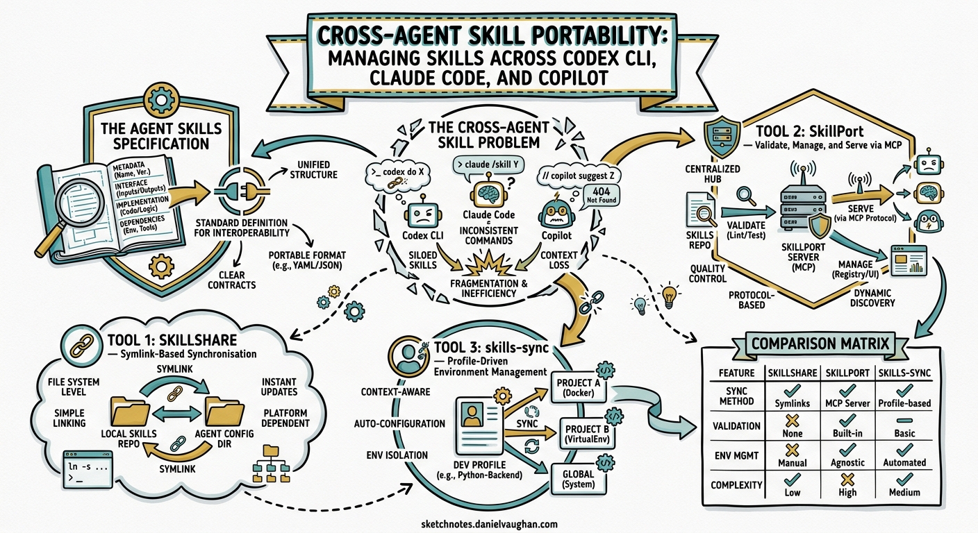 Sketchnote diagram for: Cross-Agent Skill Portability: Managing Skills Across Codex CLI, Claude Code, and Copilot