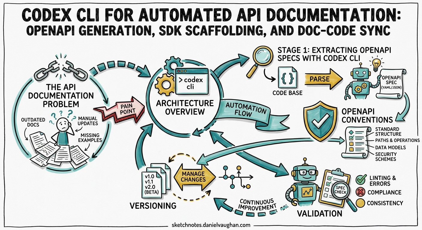 Sketchnote diagram for: Codex CLI for Automated API Documentation: OpenAPI Generation, SDK Scaffolding, and Doc-Code Sync