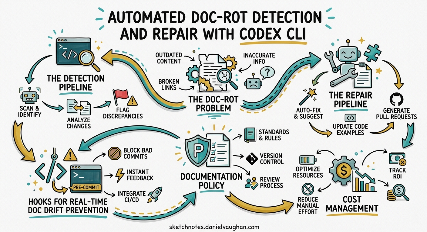 Sketchnote diagram for: Automated Doc-Rot Detection and Repair with Codex CLI
