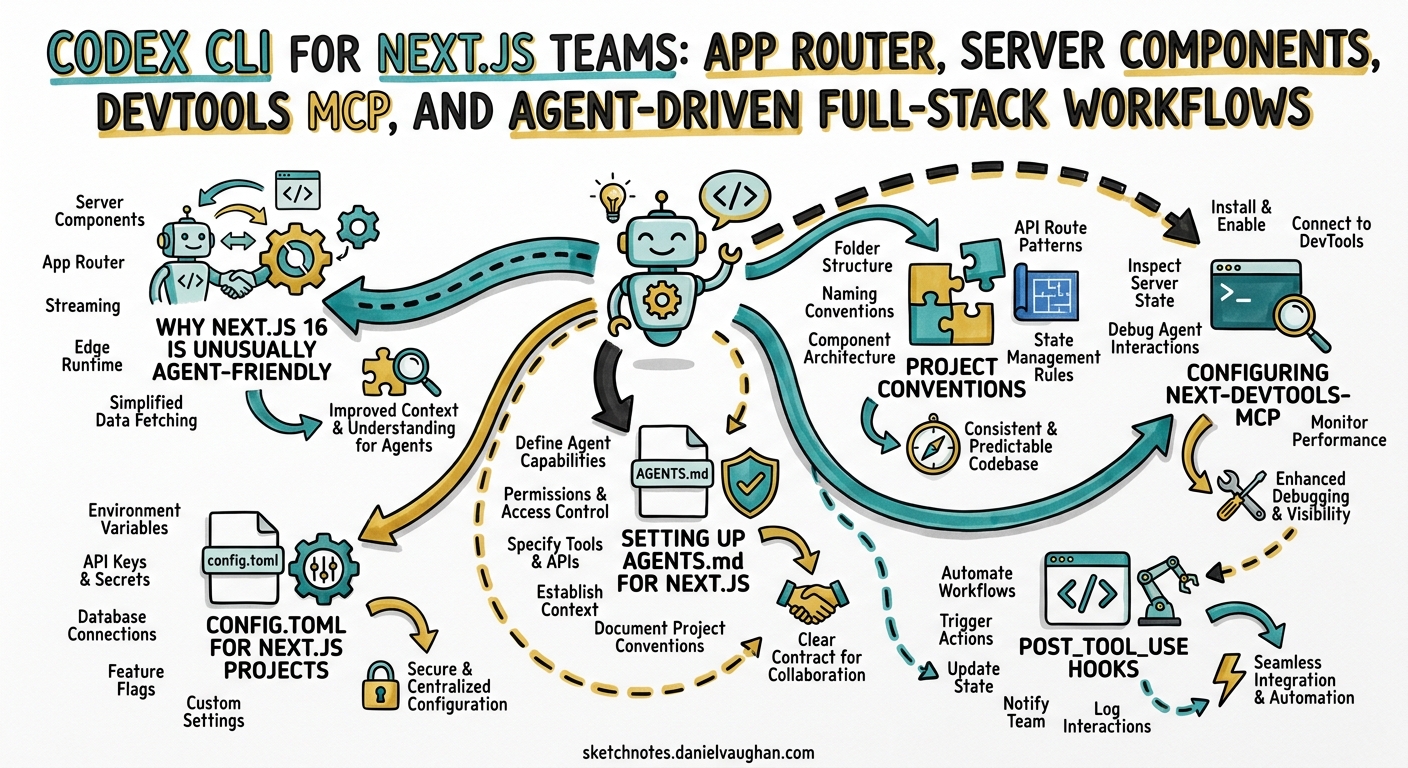 Sketchnote diagram for: Codex CLI for Next.js Teams: App Router, Server Components, DevTools MCP, and Agent-Driven Full-Stack Workflows