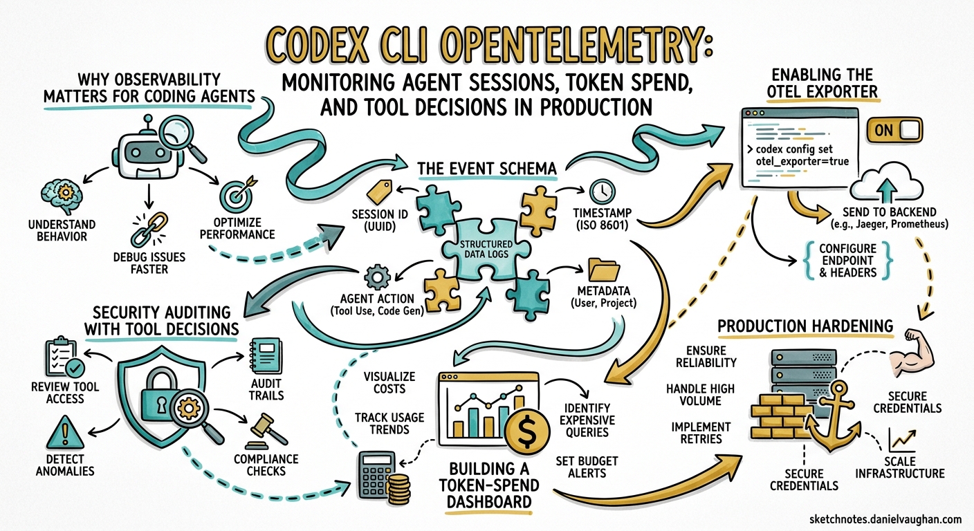 Sketchnote diagram for: Codex CLI OpenTelemetry Observability: Monitoring Agent Sessions, Token Spend, and Tool Decisions in Production