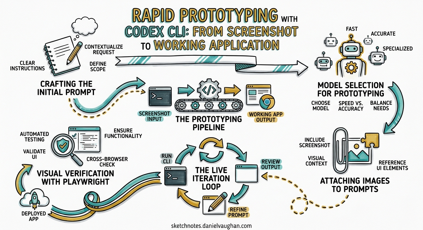 Sketchnote diagram for: Rapid Prototyping with Codex CLI: From Screenshot to Working Application