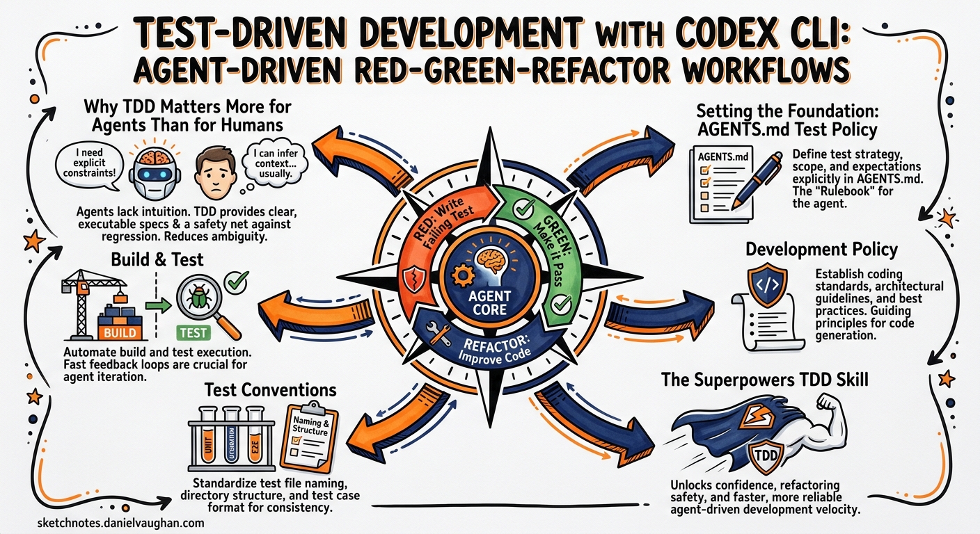 Sketchnote diagram for: Test-Driven Development with Codex CLI: Agent-Driven Red-Green-Refactor Workflows