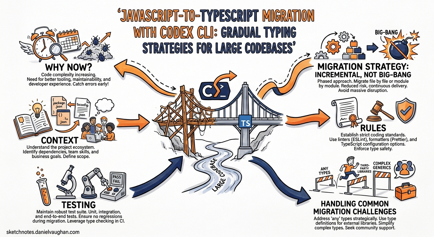 Sketchnote diagram for: JavaScript-to-TypeScript Migration with Codex CLI: Gradual Typing Strategies for Large Codebases
