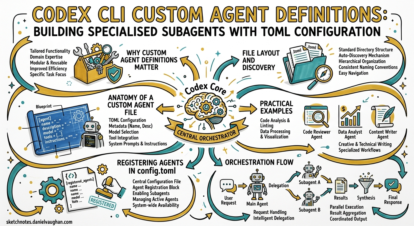 Sketchnote diagram for: Codex CLI Custom Agent Definitions: Building Specialised Subagents with TOML Configuration