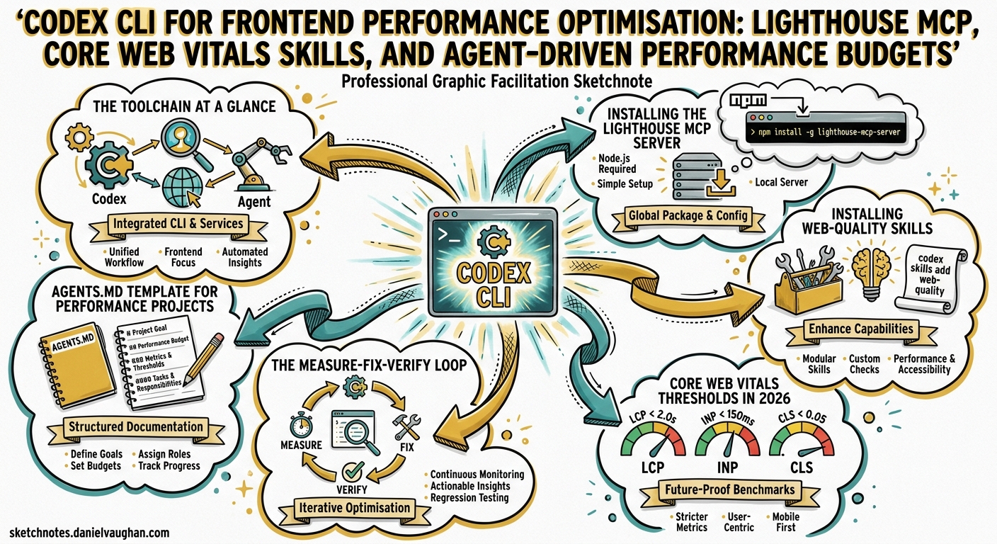 Sketchnote diagram for: Codex CLI for Frontend Performance Optimisation: Lighthouse MCP, Core Web Vitals Skills, and Agent-Driven Performance Budgets