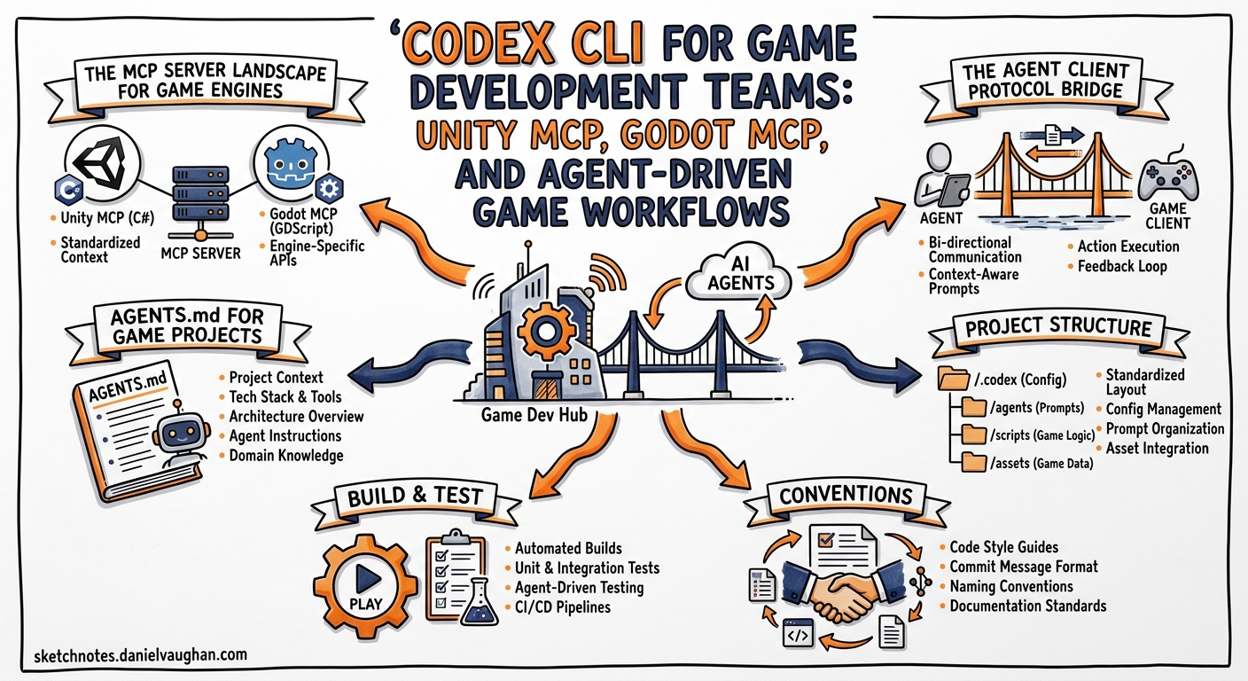 Sketchnote diagram for: Codex CLI for Game Development Teams: Unity MCP, Godot MCP, and Agent-Driven Game Workflows