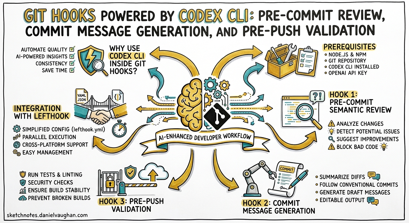 Sketchnote diagram for: Git Hooks Powered by Codex CLI: Pre-Commit Review, Commit Message Generation, and Pre-Push Validation