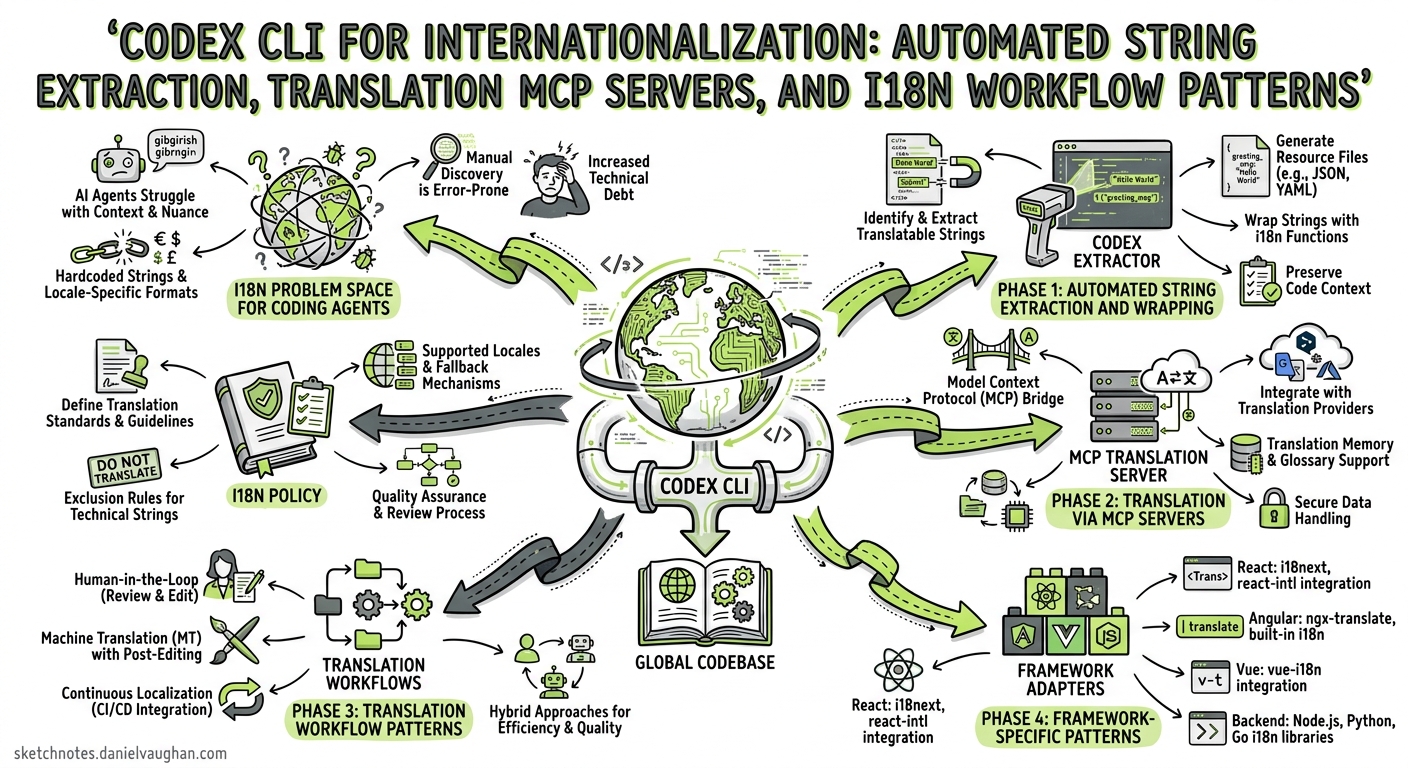 Sketchnote diagram for: Codex CLI for Internationalization: Automated String Extraction, Translation MCP Servers, and i18n Workflow Patterns