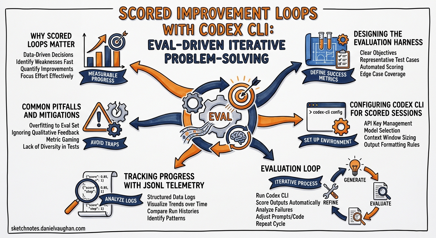 Sketchnote diagram for: Scored Improvement Loops with Codex CLI: Eval-Driven Iterative Problem-Solving