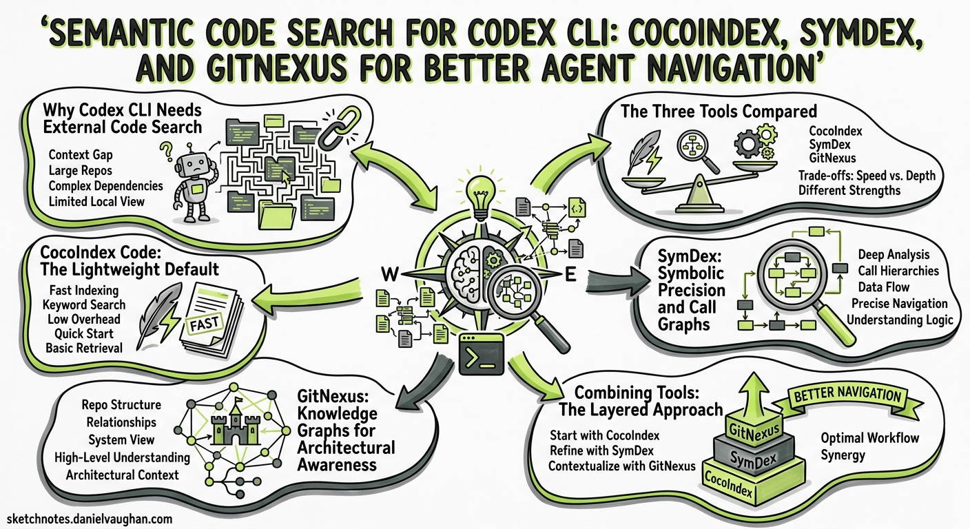 Sketchnote diagram for: Semantic Code Search for Codex CLI: CocoIndex, SymDex, and GitNexus for Better Agent Navigation