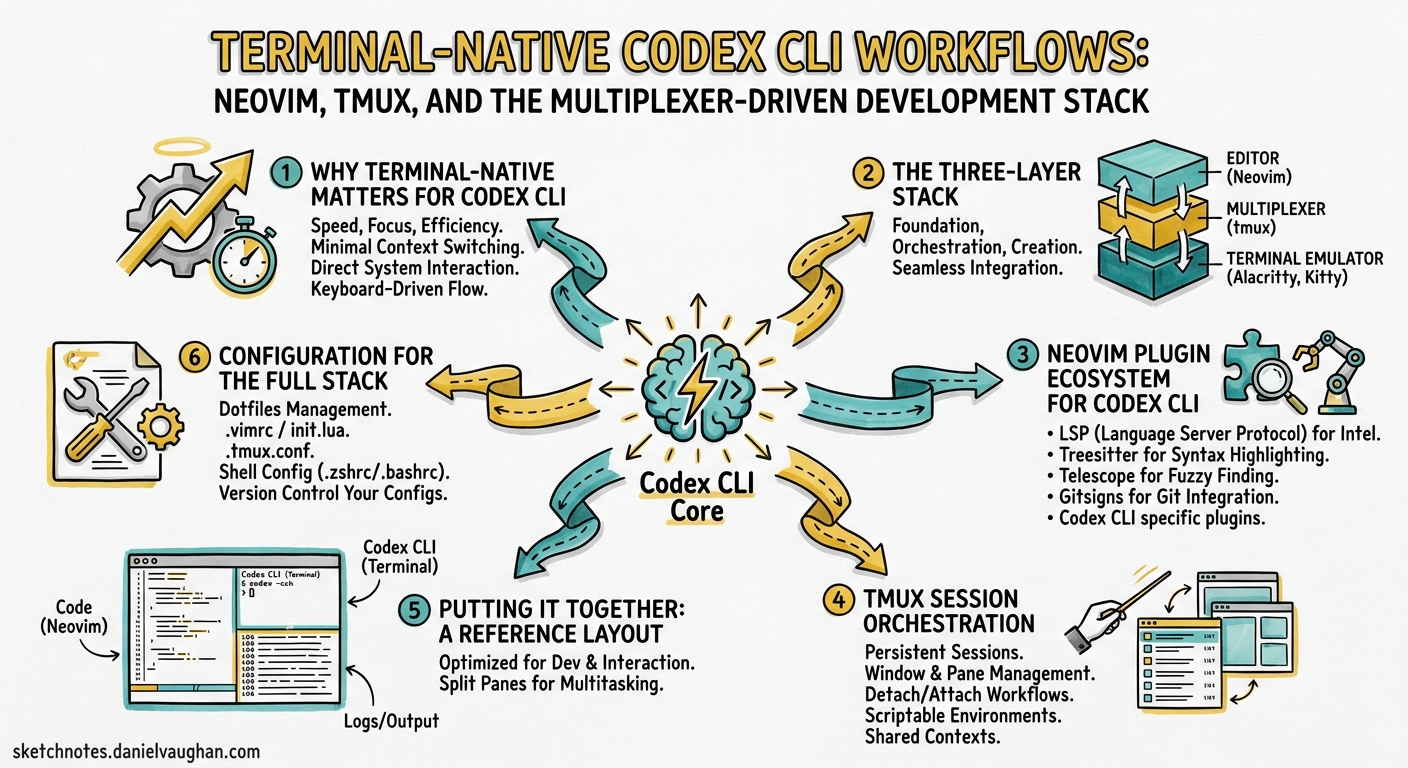 Sketchnote diagram for: Terminal-Native Codex CLI Workflows: Neovim, tmux, and the Multiplexer-Driven Development Stack