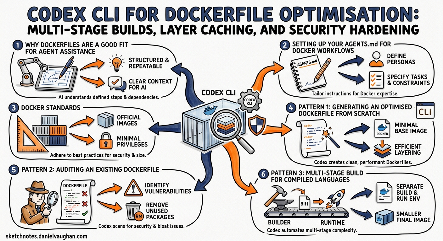 Sketchnote diagram for: Codex CLI for Dockerfile Optimisation: Multi-Stage Builds, Layer Caching, and Security Hardening