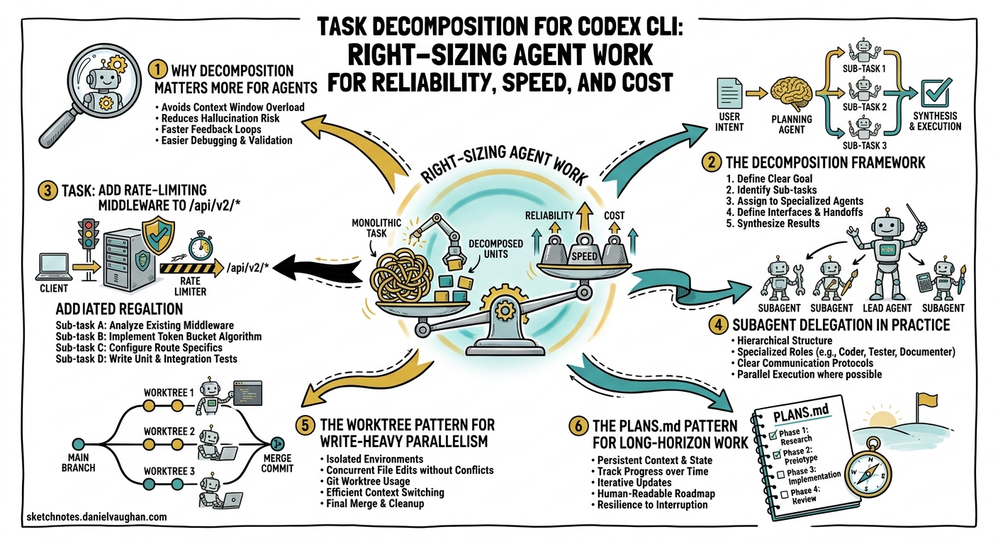 Sketchnote diagram for: Task Decomposition for Codex CLI: Right-Sizing Agent Work for Reliability, Speed, and Cost