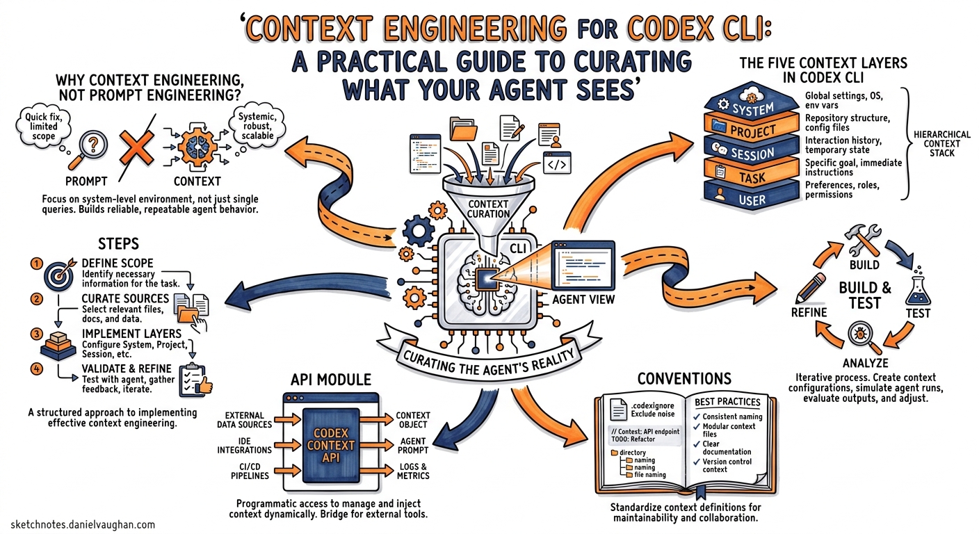 Sketchnote diagram for: Context Engineering for Codex CLI: A Practical Guide to Curating What Your Agent Sees