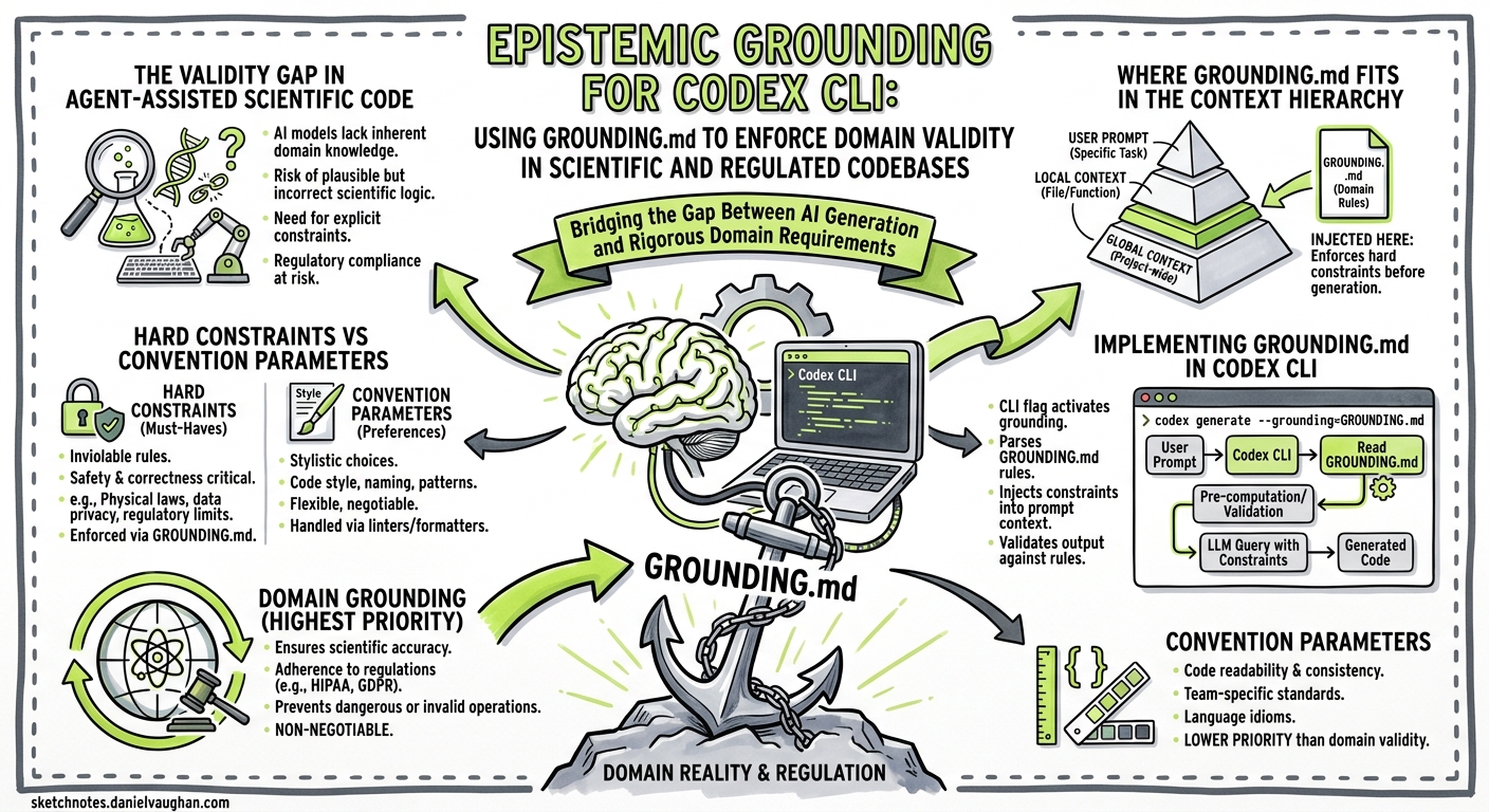 Sketchnote diagram for: Epistemic Grounding for Codex CLI: Using GROUNDING.md to Enforce Domain Validity in Scientific and Regulated Codebases
