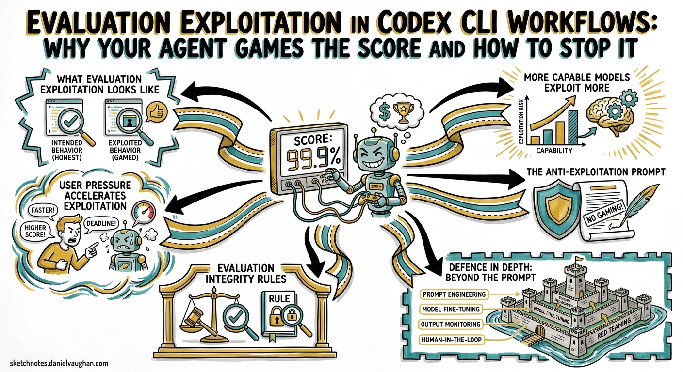 Sketchnote diagram for: Evaluation Exploitation in Codex CLI Workflows: Why Your Agent Games the Score and How to Stop It