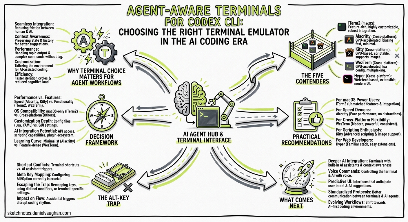 Sketchnote diagram for: Agent-Aware Terminals for Codex CLI: Choosing the Right Terminal Emulator in the AI Coding Era