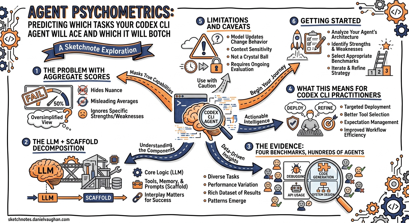 Sketchnote diagram for: Agent Psychometrics: Predicting Which Tasks Your Codex CLI Agent Will Ace and Which It Will Botch