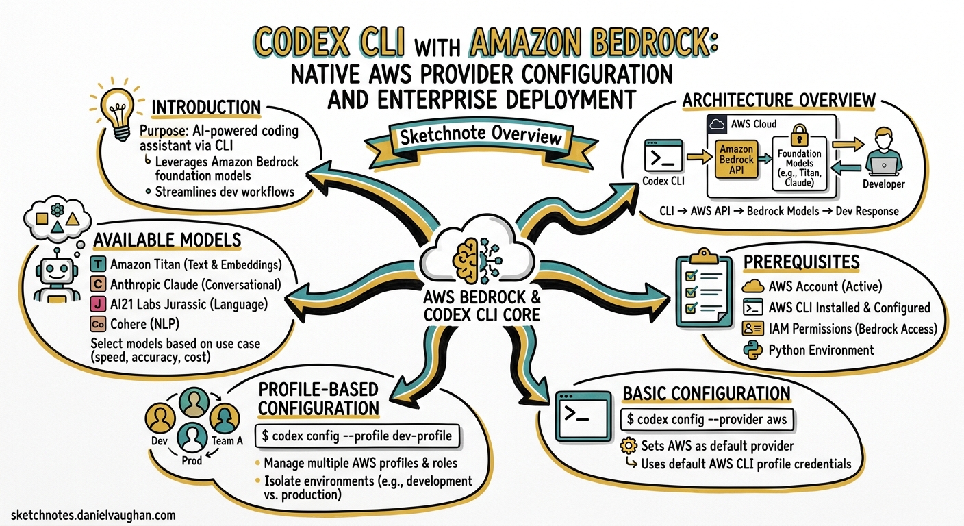 Sketchnote diagram for: Codex CLI with Amazon Bedrock: Native AWS Provider Configuration and Enterprise Deployment