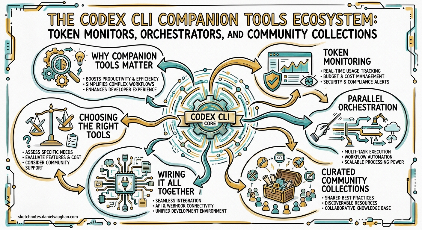 Sketchnote diagram for: The Codex CLI Companion Tools Ecosystem: Token Monitors, Orchestrators, and Community Collections