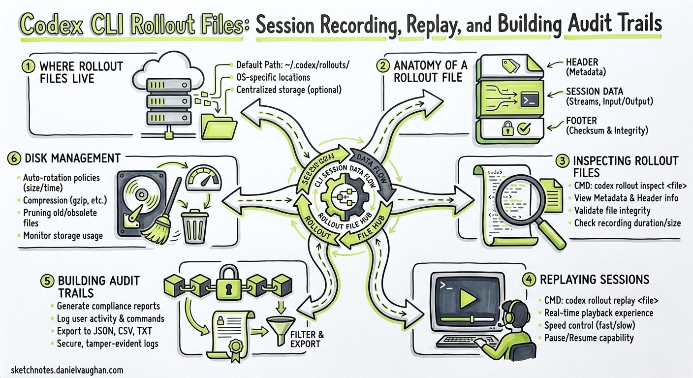 Sketchnote diagram for: Codex CLI Rollout Files: Session Recording, Replay, and Building Audit Trails