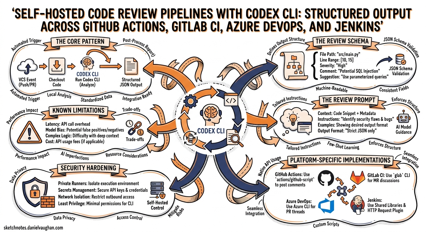 Sketchnote diagram for: Self-Hosted Code Review Pipelines with Codex CLI: Structured Output Across GitHub Actions, GitLab CI, Azure DevOps, and Jenkins
