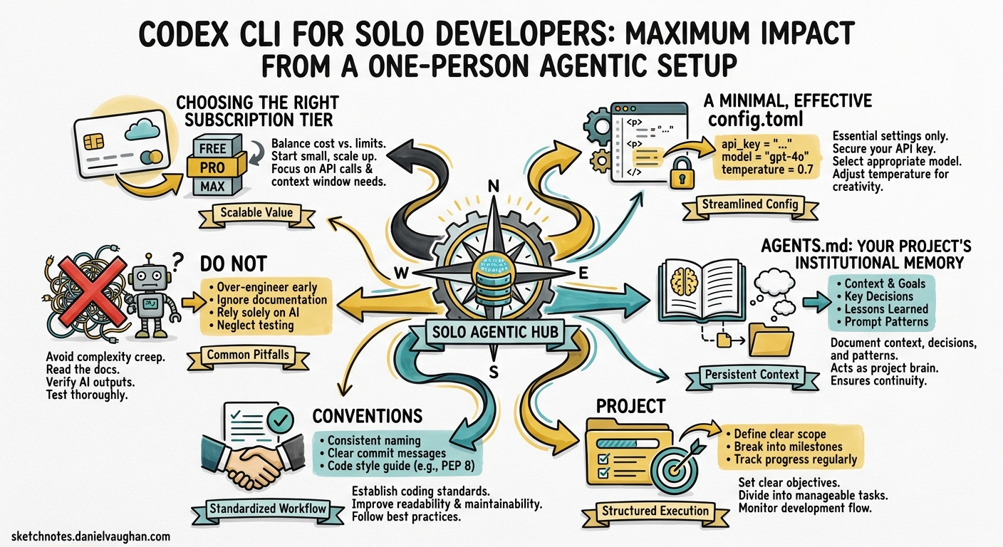 Sketchnote diagram for: Codex CLI for Solo Developers: Maximum Impact from a One-Person Agentic Setup
