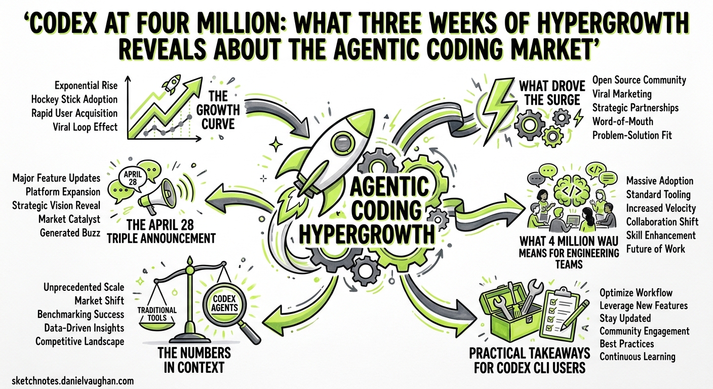 Sketchnote diagram for: Codex at Four Million: What Three Weeks of Hypergrowth Reveals About the Agentic Coding Market