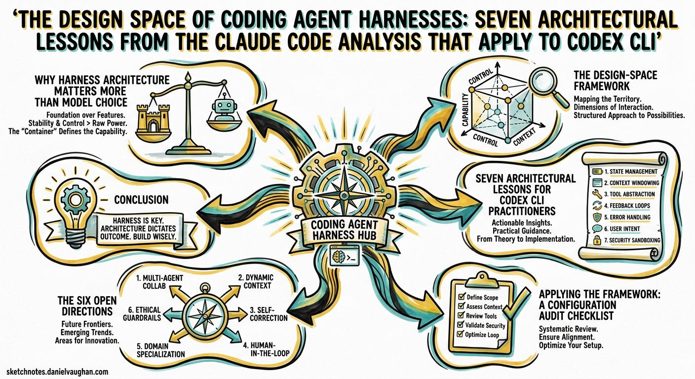 Sketchnote diagram for: The Design Space of Coding Agent Harnesses: Seven Architectural Lessons from the Claude Code Analysis That Apply to Codex CLI