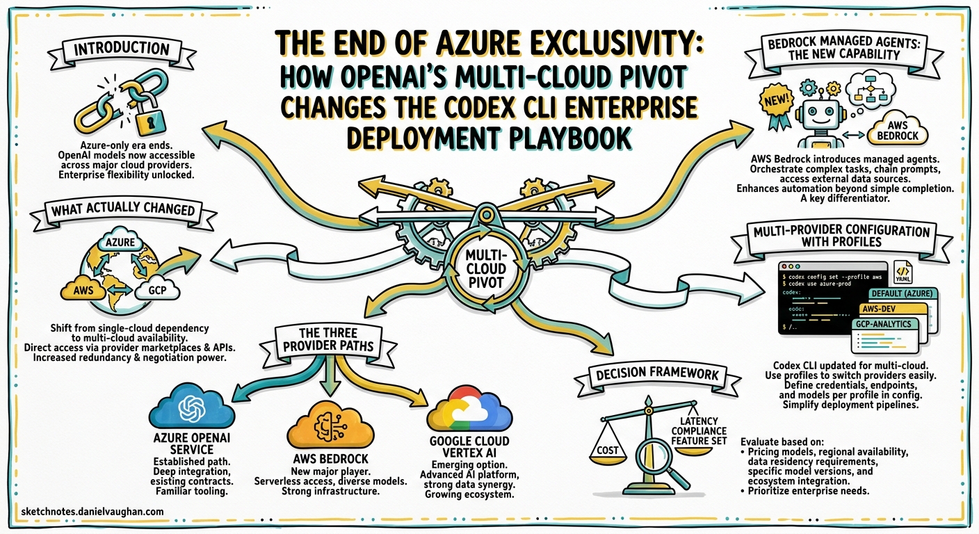 Sketchnote diagram for: The End of Azure Exclusivity: How OpenAI's Multi-Cloud Pivot Changes the Codex CLI Enterprise Deployment Playbook