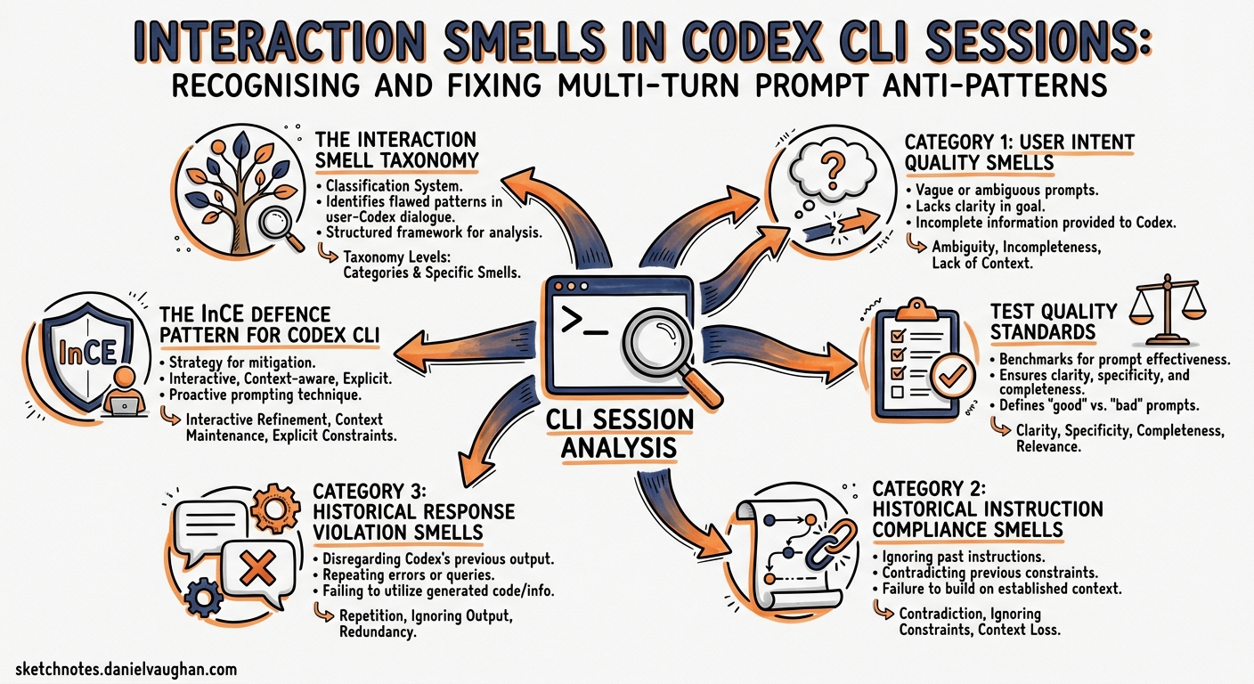 Sketchnote diagram for: Interaction Smells in Codex CLI Sessions: Recognising and Fixing Multi-Turn Prompt Anti-Patterns