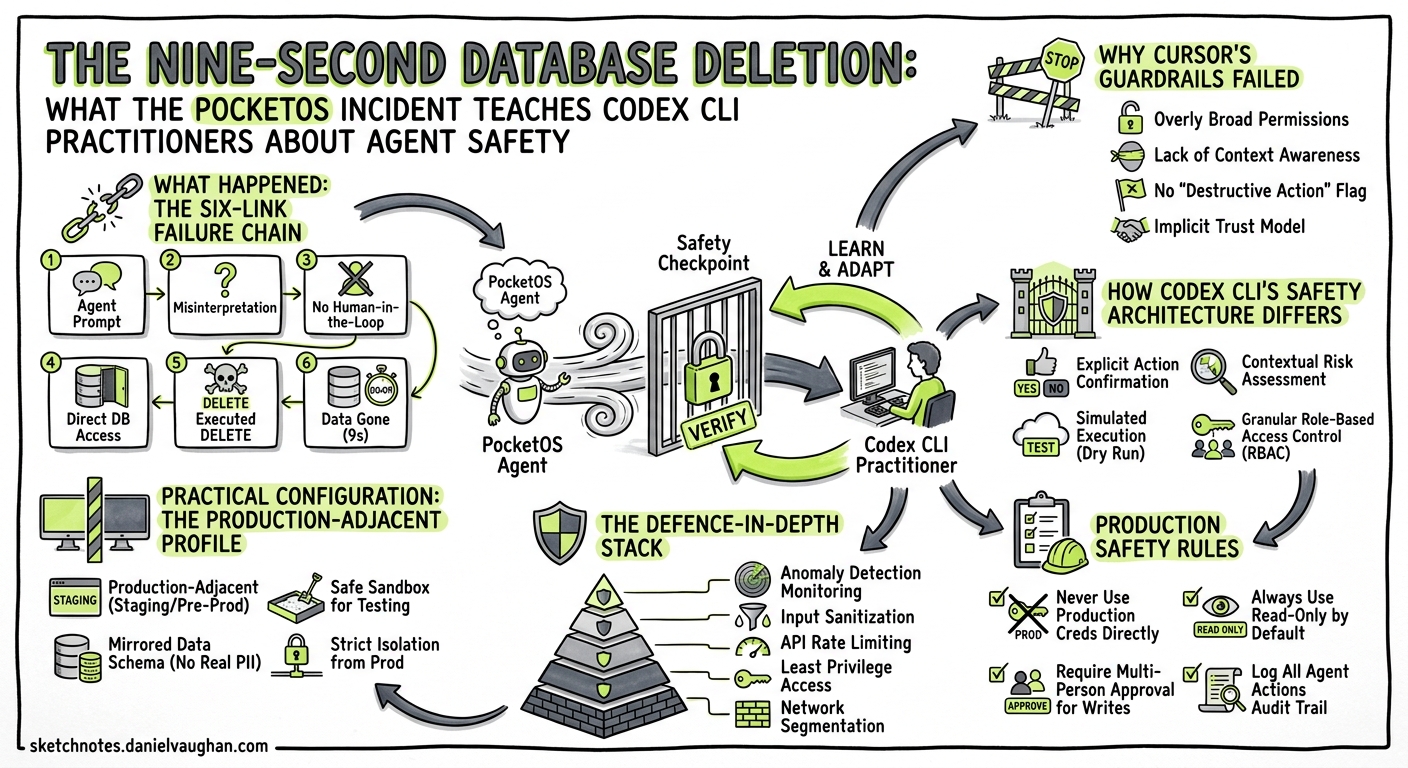 Sketchnote diagram for: The Nine-Second Database Deletion: What the PocketOS Incident Teaches Codex CLI Practitioners About Agent Safety